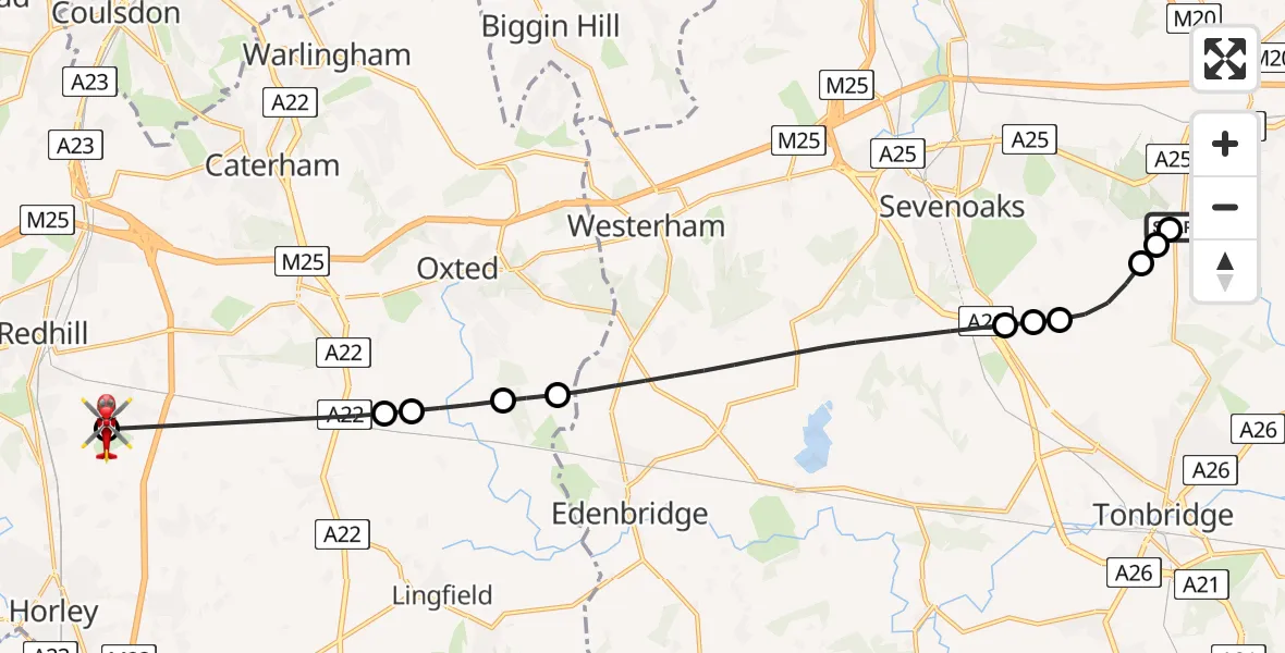Flight route Air Ambulance Helicopter Plaxtol - Redhill Aerodrome, 11 June 2026, 09:44