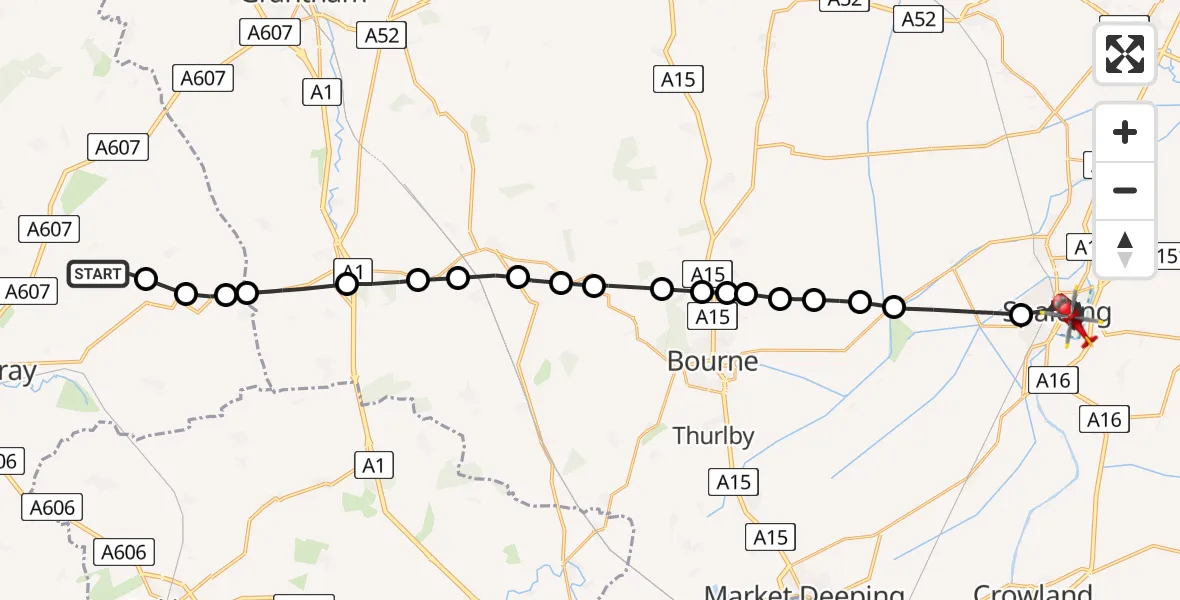 Flight route Air Ambulance Helicopter Sproxton - Spalding, 11 June 2026, 09:56