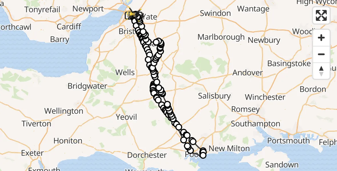 Flight route Police Helicopter Almondsbury Helicopter Base - Woodlands, 11 June 2026, 09:58