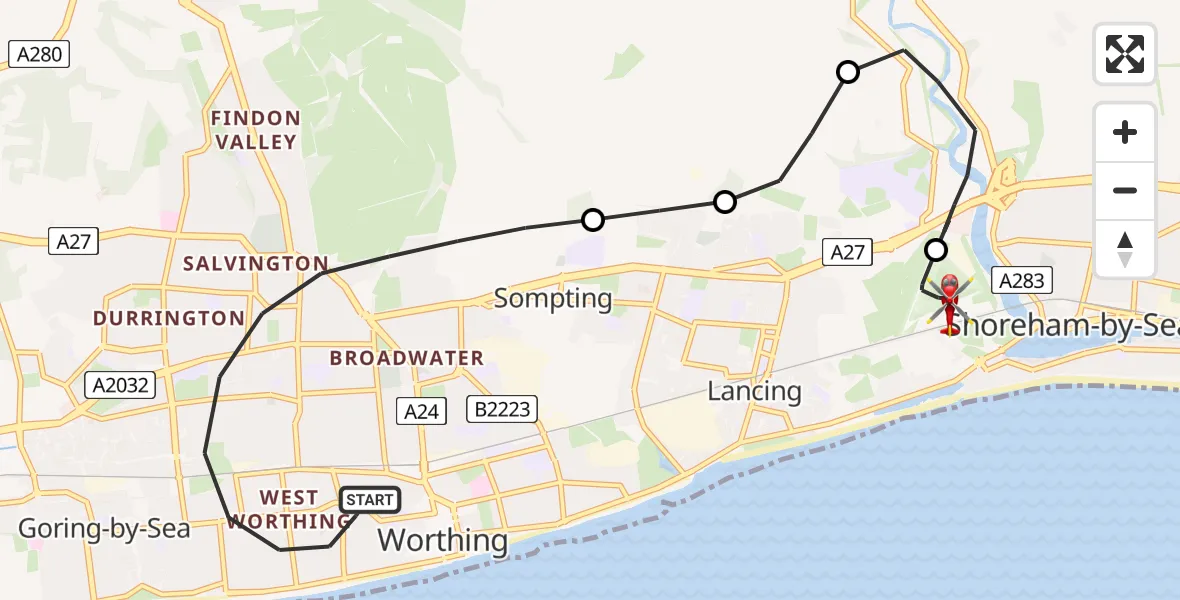 Flight route Air Ambulance Helicopter Worthing - Brighton City Airport, 11 June 2026, 10:45