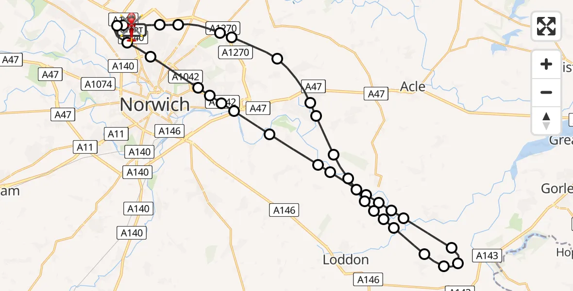 Flight route Air Ambulance Helicopter Norwich Airport - Norwich Airport, 11 June 2026, 10:46