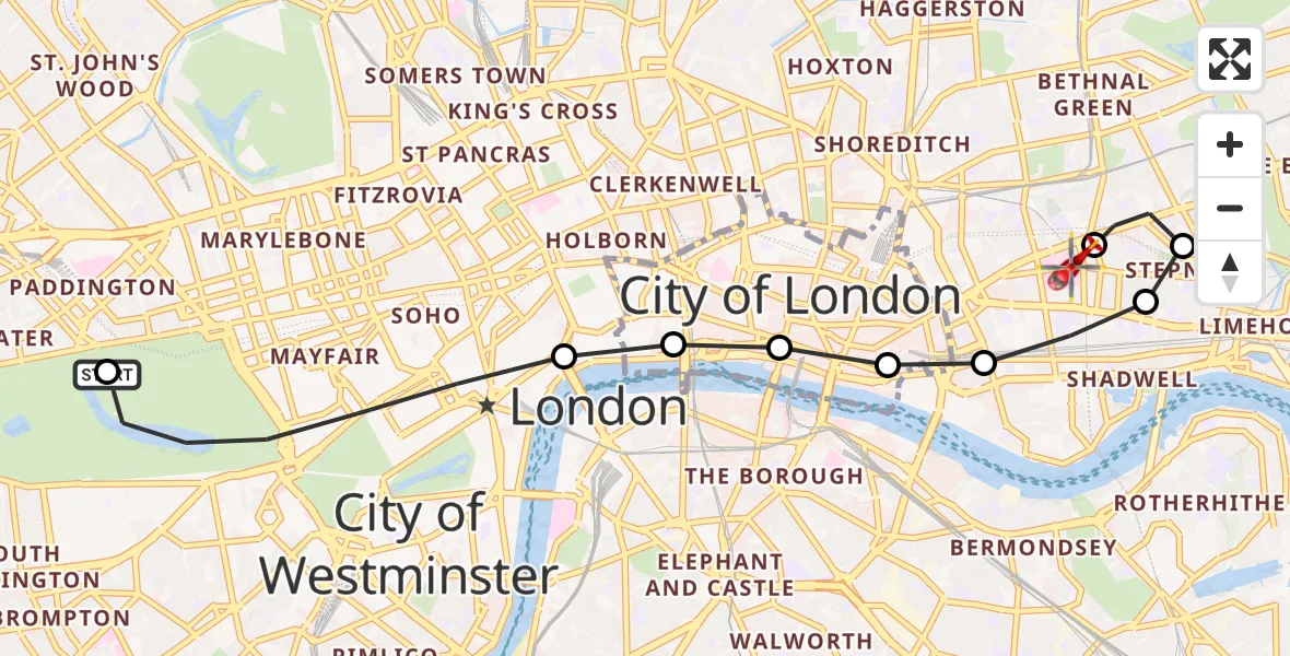 Flight route Air Ambulance Helicopter City of Westminster - Royal London Hospital, 11 June 2026, 10:57