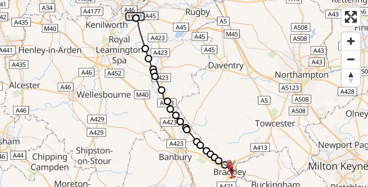 Flight route Air Ambulance Helicopter Coventry Airport - Brackley, 11 June 2026, 11:15