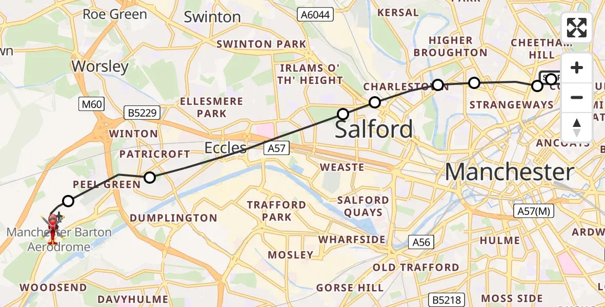 Flight route Air Ambulance Helicopter Cheetham Hill - Manchester Barton Aerodrome, 11 June 2026, 11:19
