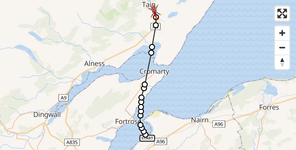Flight route Air Ambulance Helicopter Ardersier - Tain, 11 June 2026, 11:26