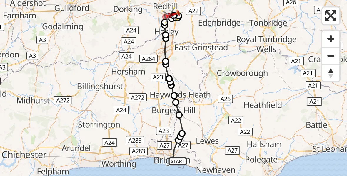 Flight route Air Ambulance Helicopter Brighton - Redhill Aerodrome, 11 June 2026, 11:48