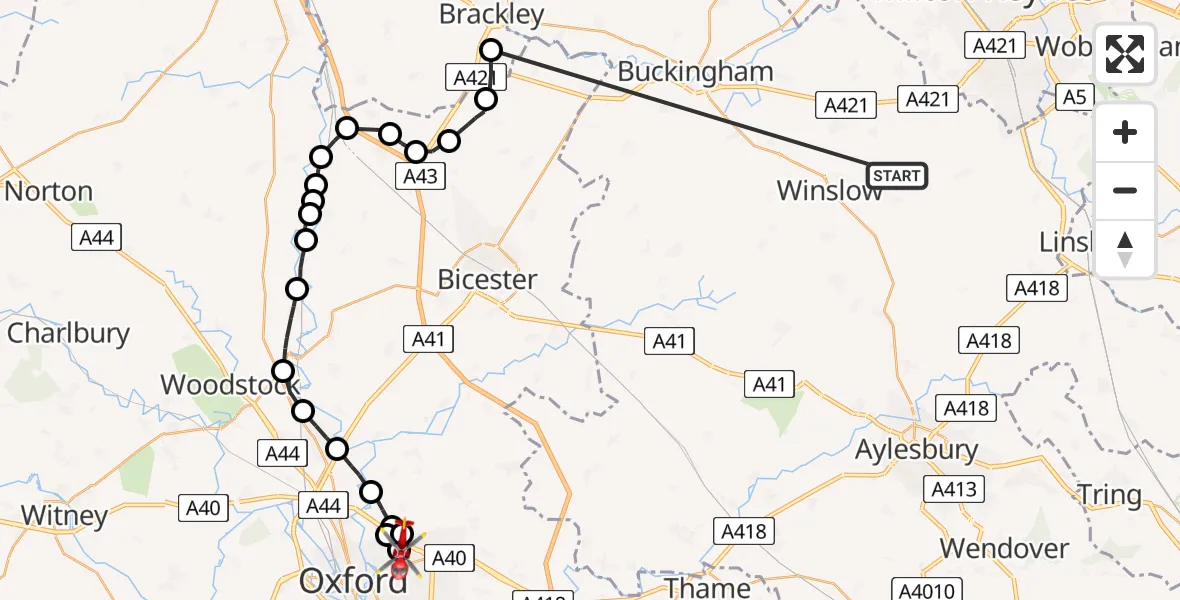 Flight route Air Ambulance Helicopter Mursley - Oxford, 11 June 2026, 12:03