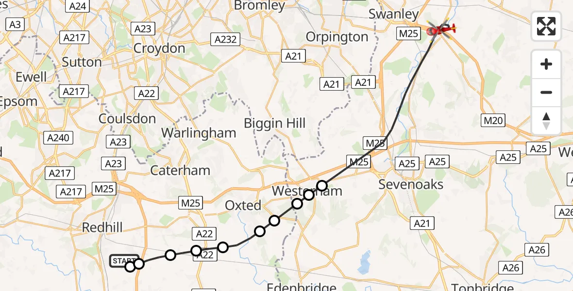 Flight route Air Ambulance Helicopter Redhill Aerodrome - Sevenoaks, 11 June 2026, 12:09