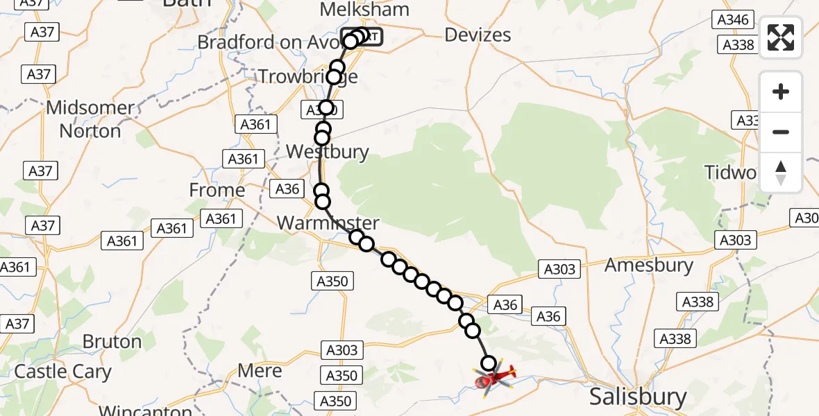 Flight route Air Ambulance Helicopter Wiltshire Air Ambulance - Dinton, 11 June 2026, 12:31