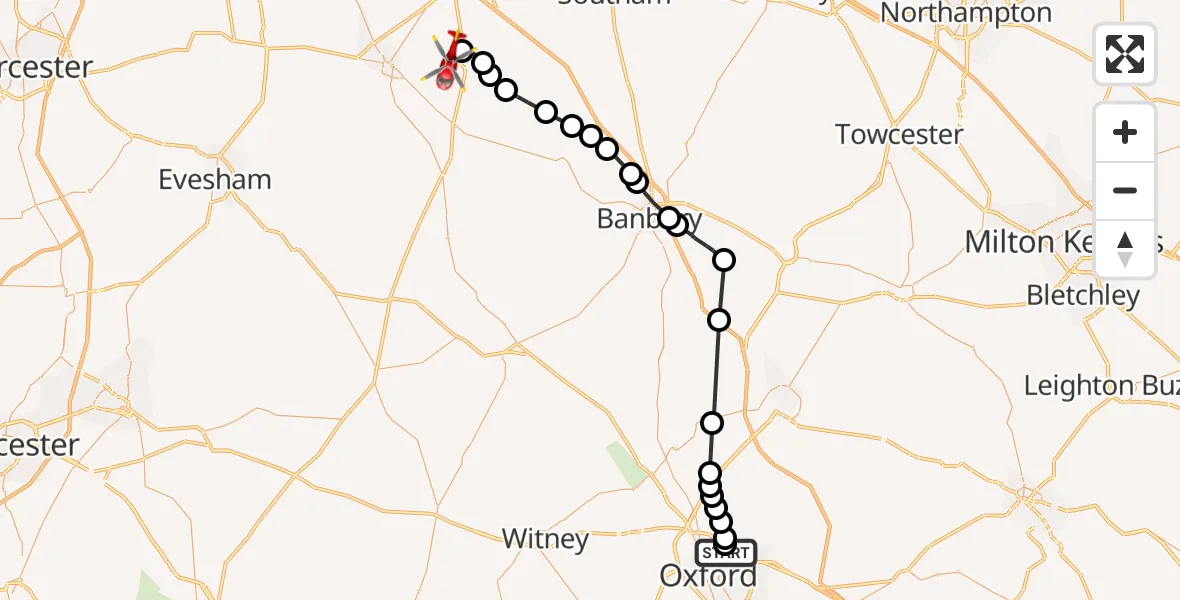 Flight route Air Ambulance Helicopter Oxford - Charlecote, 11 June 2026, 13:05