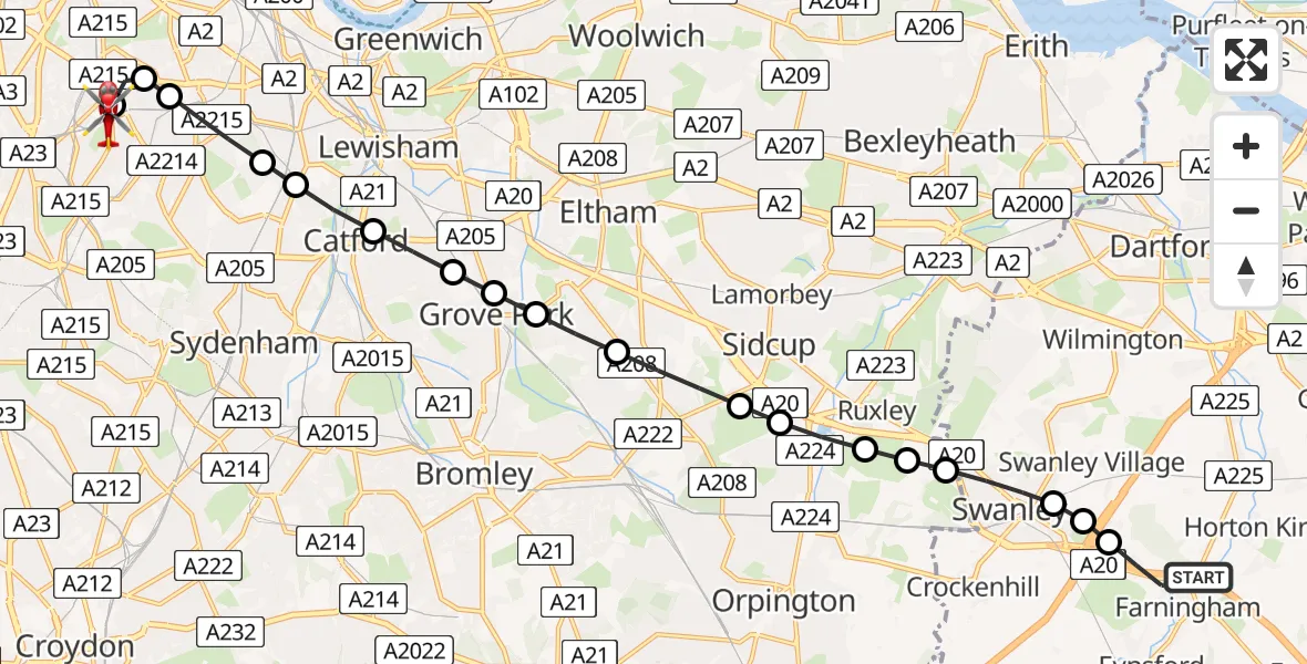 Flight route Air Ambulance Helicopter Sevenoaks - Kings College London Hospital, 11 June 2026, 13:13