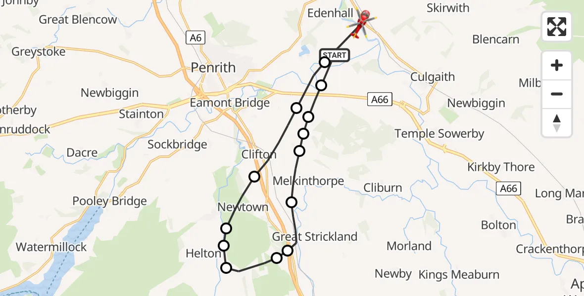 Flight route Air Ambulance Helicopter Edenhall - Langwathby, 11 June 2026, 13:26