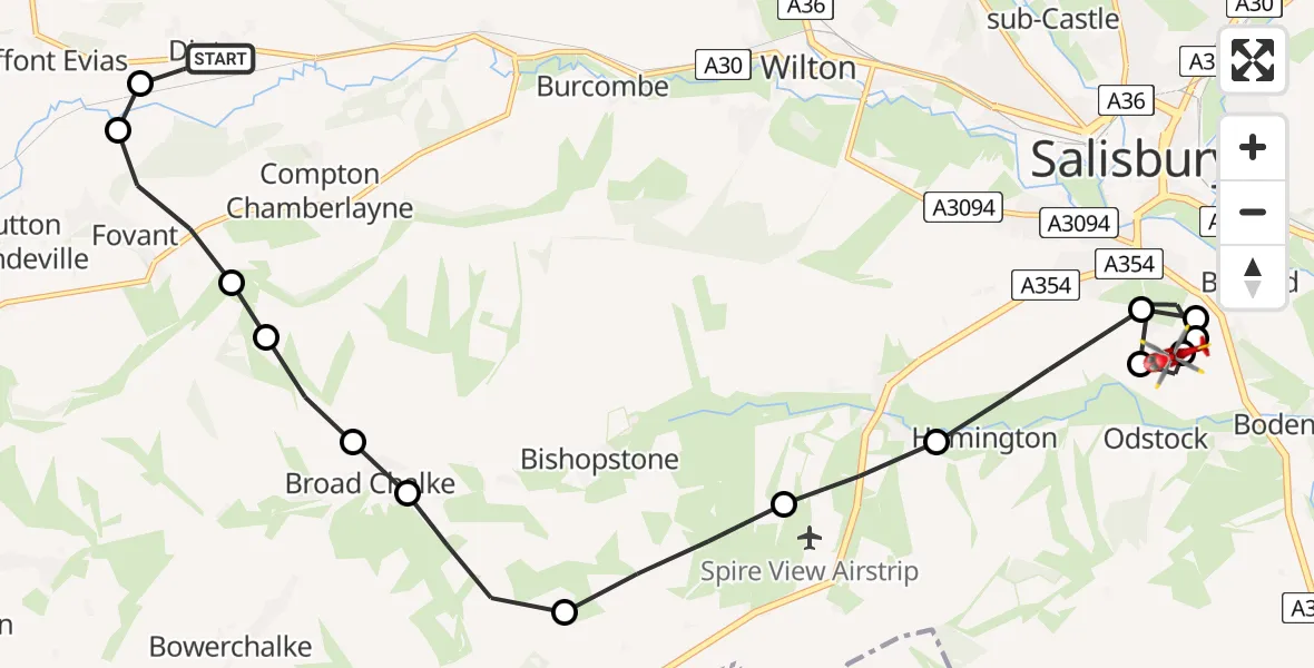 Flight route Air Ambulance Helicopter Dinton - Salisbury District Hospital, 11 June 2026, 13:28