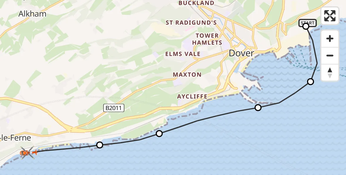 Flight route Coastguard Helicopter Langdon Battery Heliport - Dover, 11 June 2026, 13:35