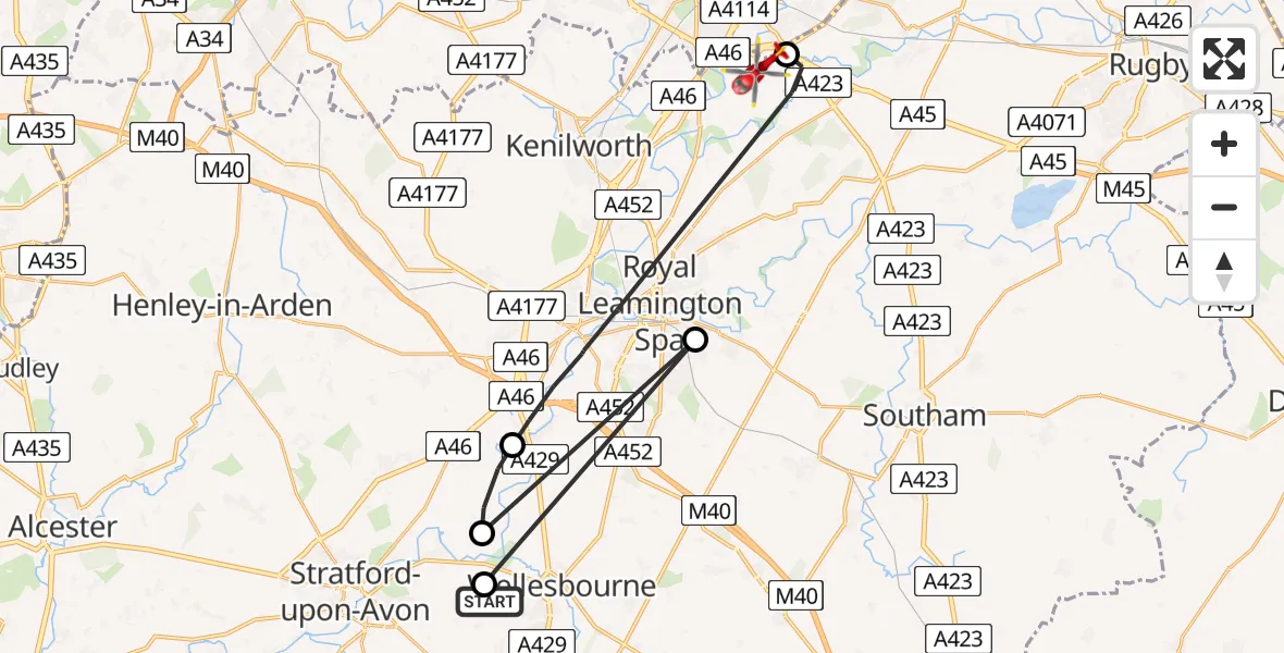 Flight route Air Ambulance Helicopter Wellesbourne - Coventry Airport, 11 June 2026, 13:40