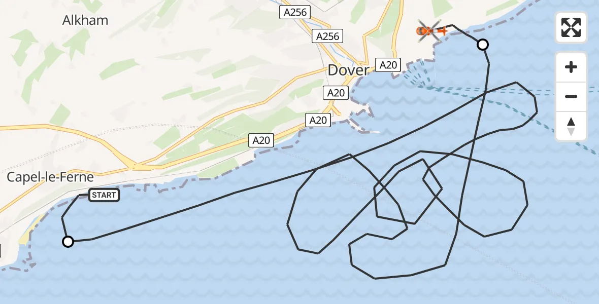 Flight route Coastguard Helicopter Dover - Langdon Battery Heliport, 11 June 2026, 13:48