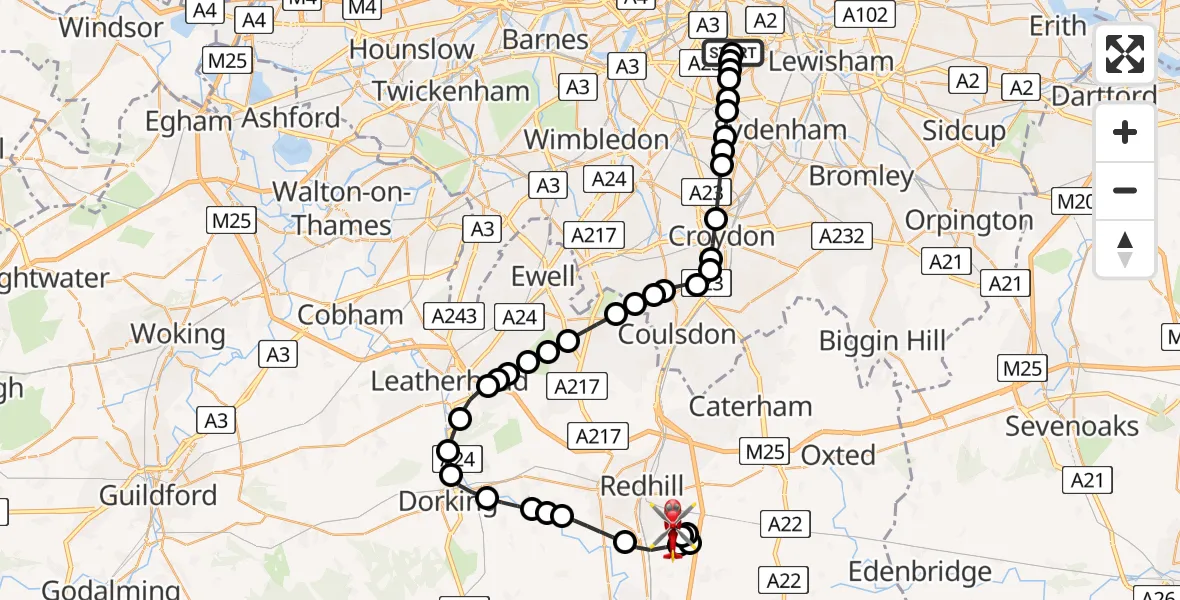 Flight route Air Ambulance Helicopter Kings College London Hospital - Redhill Aerodrome, 11 June 2026, 14:08