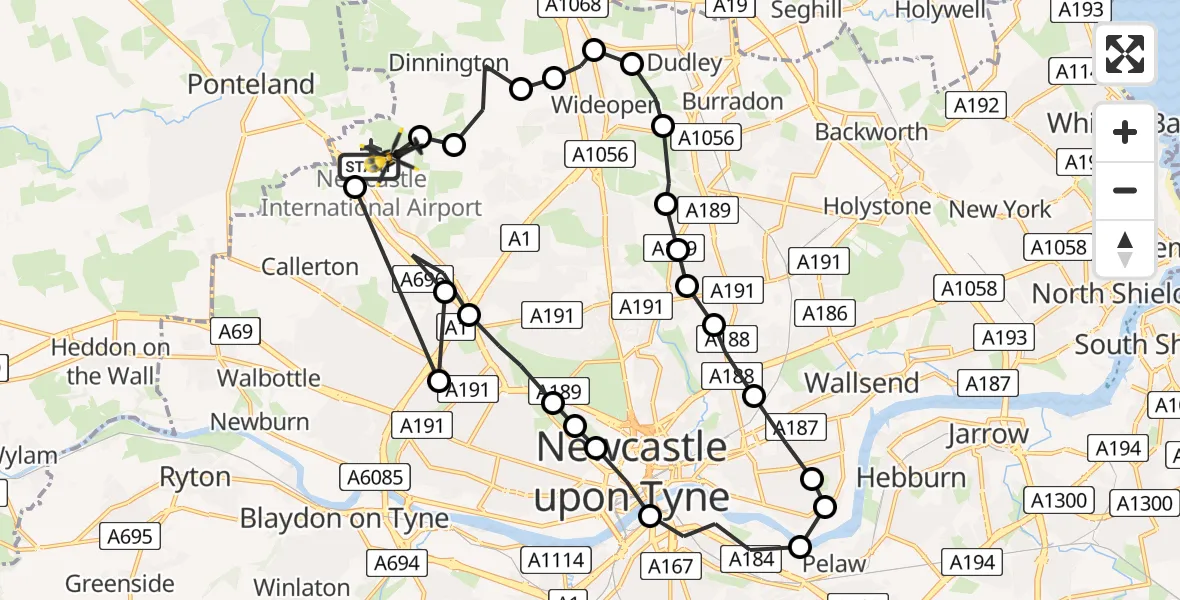 Flight route Police Helicopter Newcastle International Airport - Newcastle International Airport, 11 June 2026, 14:14
