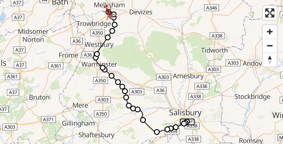 Flight route Air Ambulance Helicopter Salisbury District Hospital - Wiltshire Air Ambulance, 11 June 2026, 14:50