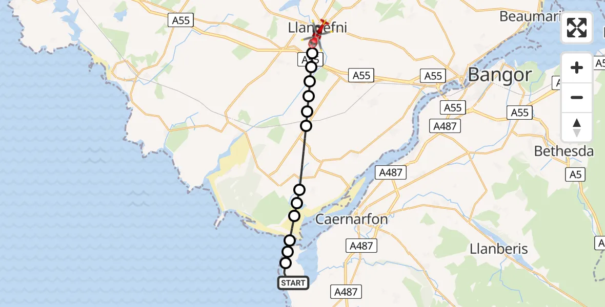 Flight route Air Ambulance Helicopter Caernarfon Airport - Llangefni, 11 June 2026, 15:10