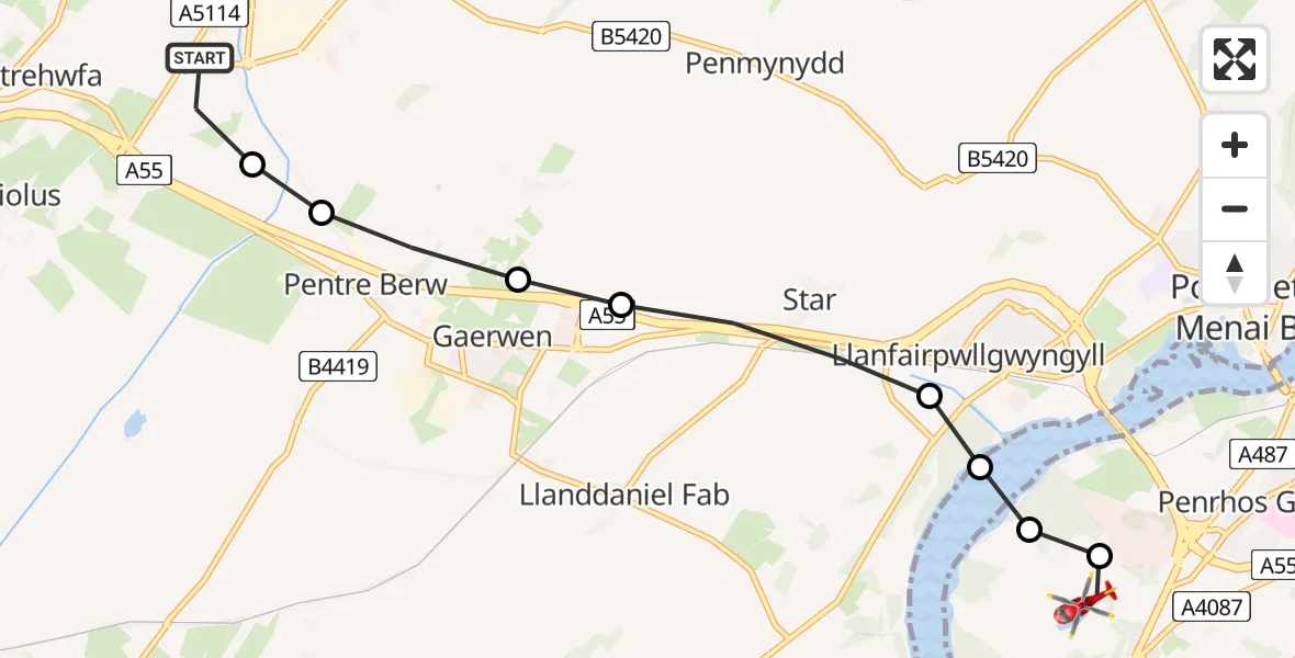 Flight route Air Ambulance Helicopter Llangefni - Pentir, 11 June 2026, 15:36