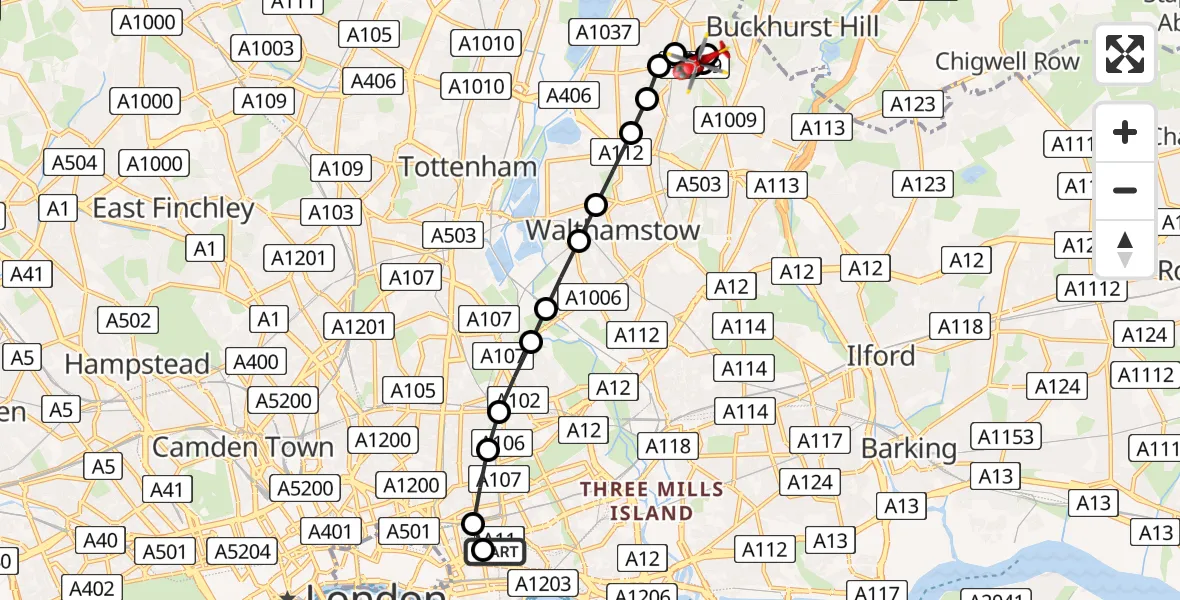 Flight route Air Ambulance Helicopter Royal London Hospital - Highams Park, 11 June 2026, 16:13