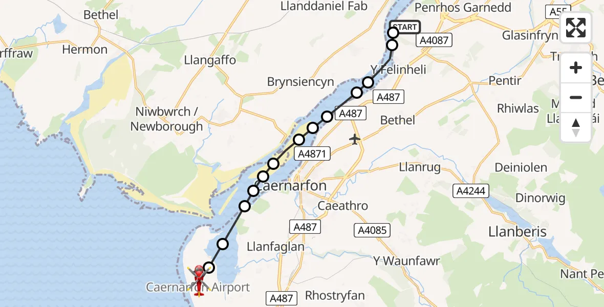 Flight route Air Ambulance Helicopter Llanfairpwllgwyngyll - Caernarfon Airport, 11 June 2026, 16:26