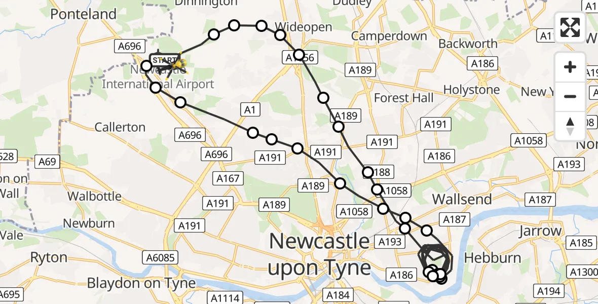 Flight route Police Helicopter Newcastle International Airport - Newcastle International Airport, 11 June 2026, 16:27