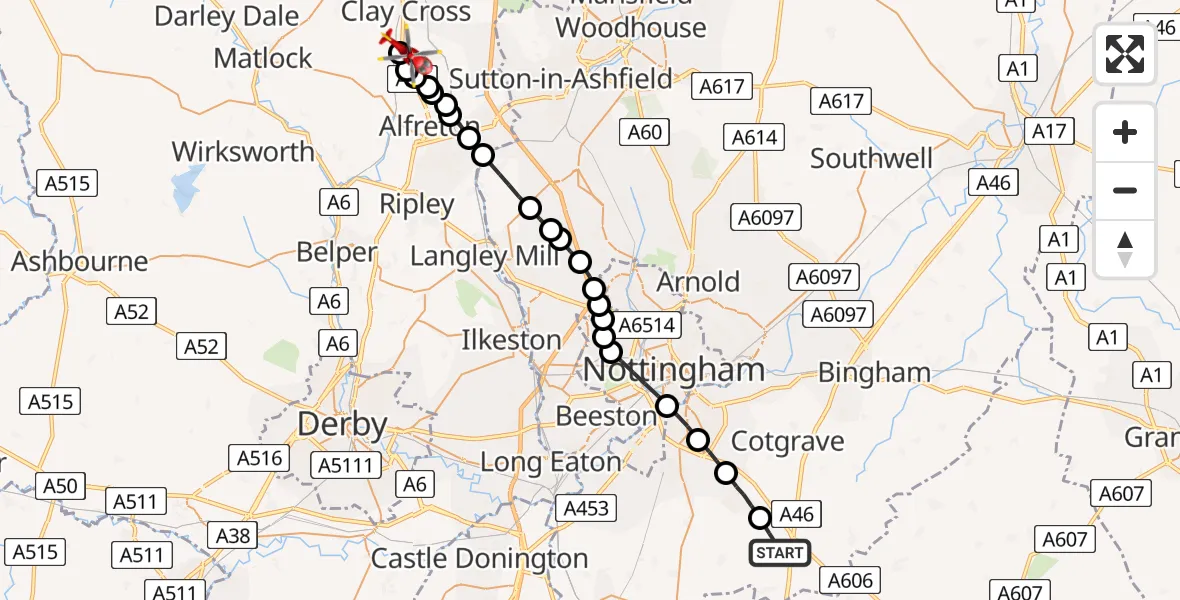 Flight route Air Ambulance Helicopter Widmerpool - North East Derbyshire, 11 June 2026, 16:28