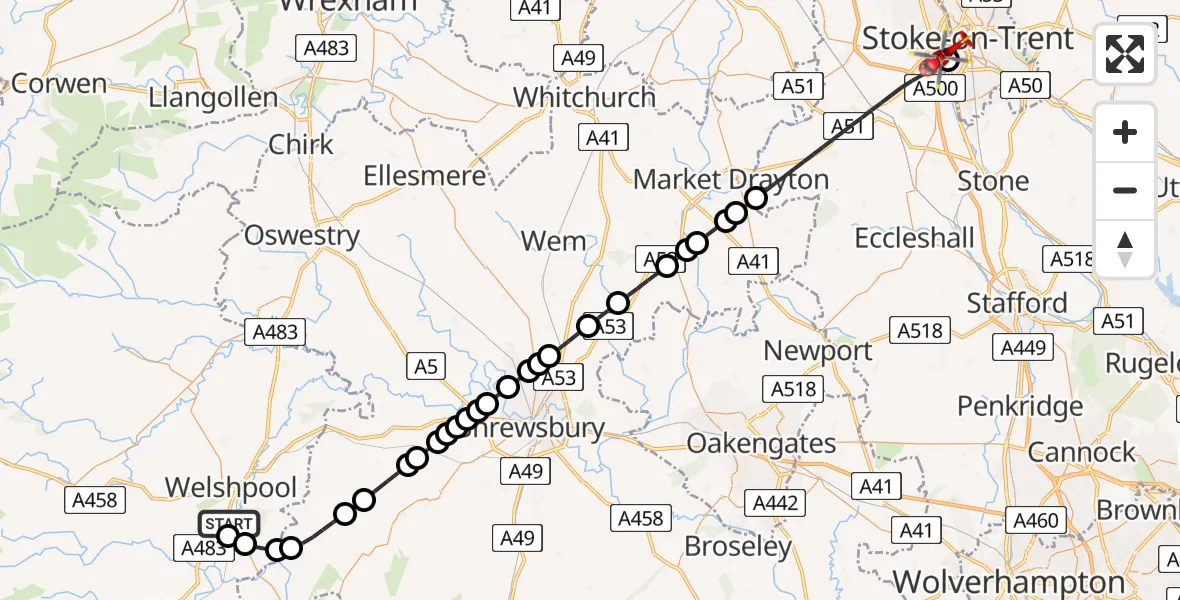 Flight route Air Ambulance Helicopter Welshpool Airport - University Hospital North Staffs, 11 June 2026, 16:36