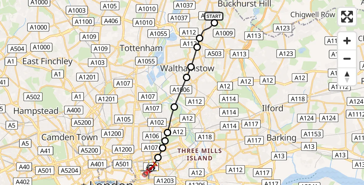 Flight route Air Ambulance Helicopter Chingford - Royal London Hospital, 11 June 2026, 16:47