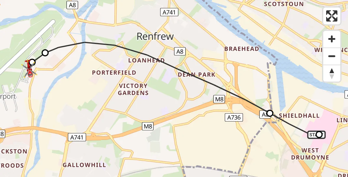 Flight route Air Ambulance Helicopter Queen Elizabeth Hospital - Glasgow Airport, 11 June 2026, 17:08