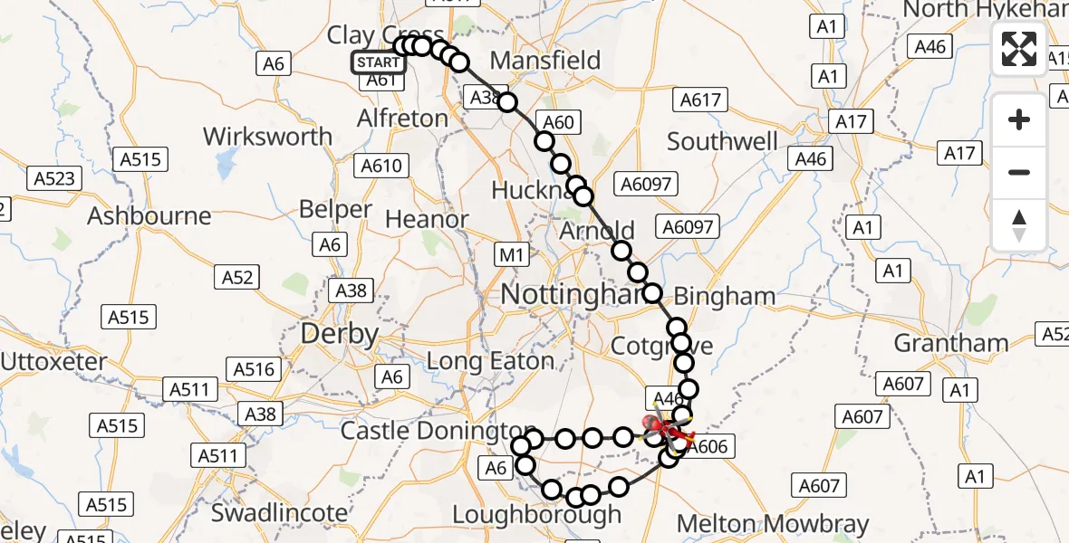 Flight route Air Ambulance Helicopter Stretton CP - Nottingham Heliport, 11 June 2026, 17:10