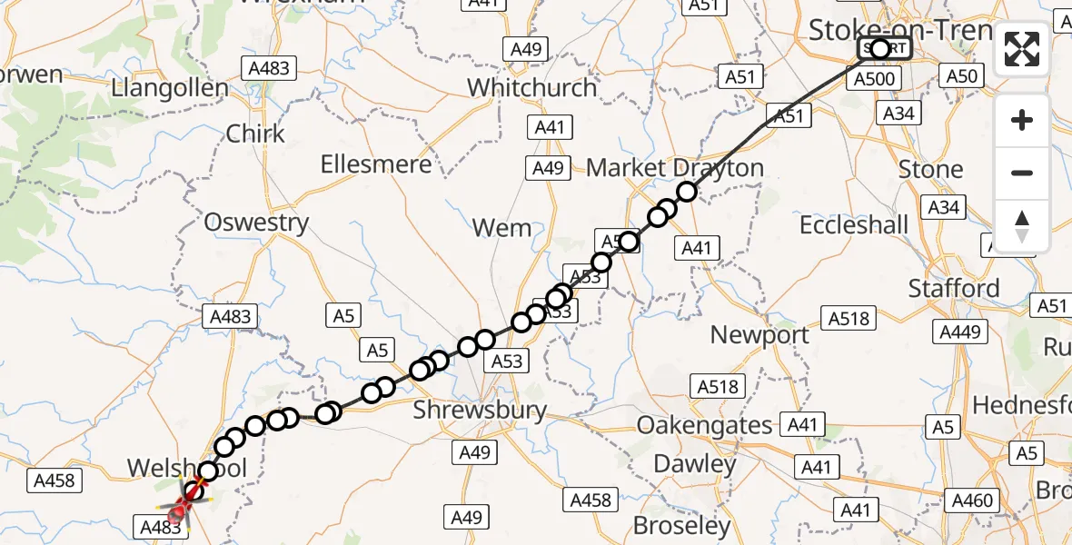 Flight route Air Ambulance Helicopter University Hospital North Staffs - Welshpool, 11 June 2026, 17:37