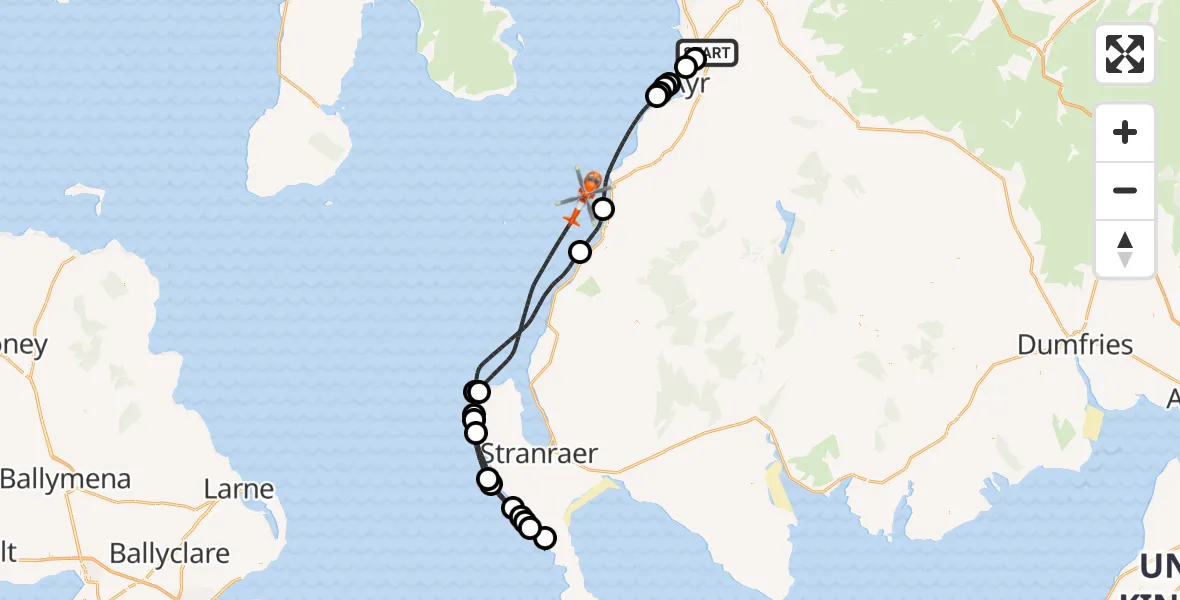 Flight route Coastguard Helicopter Glasgow Prestwick Airport - Inner Seas, 11 June 2026, 18:13