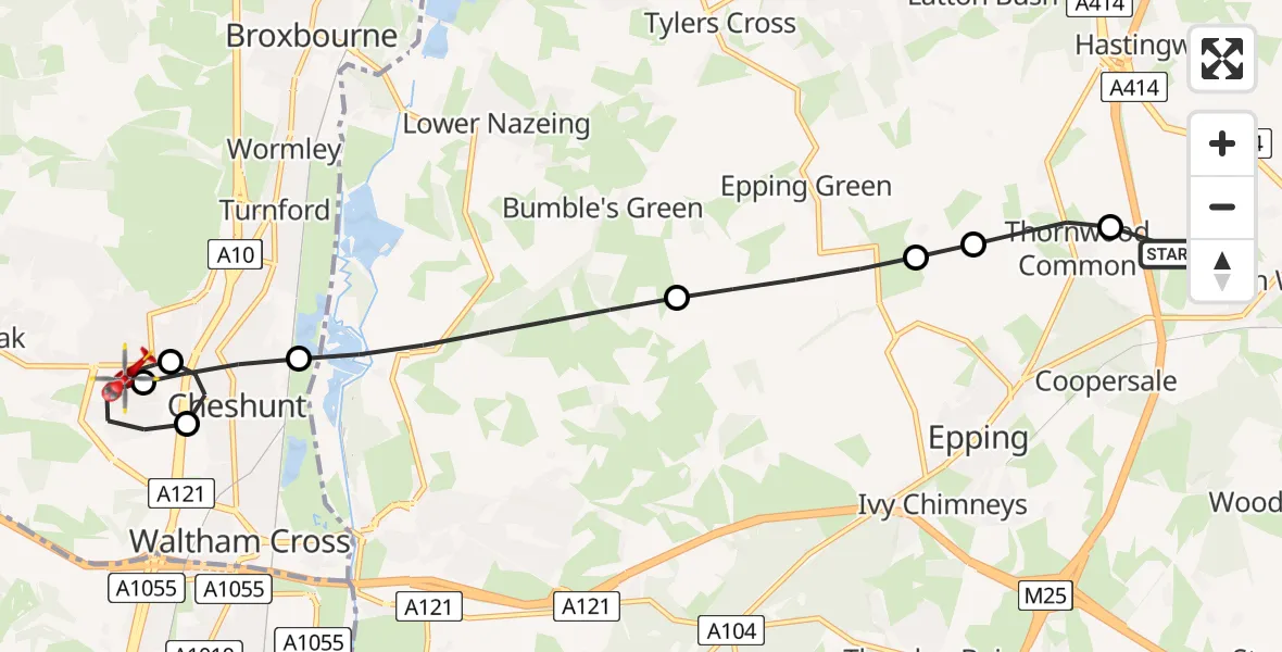 Flight route Air Ambulance Helicopter North Weald Airfield - Broxbourne, 11 June 2026, 18:48
