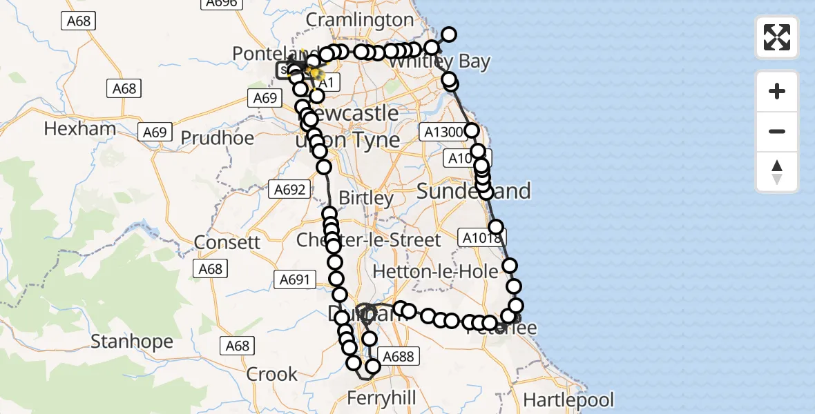 Flight route Police Helicopter Newcastle International Airport - Woolsington, 11 June 2026, 18:53