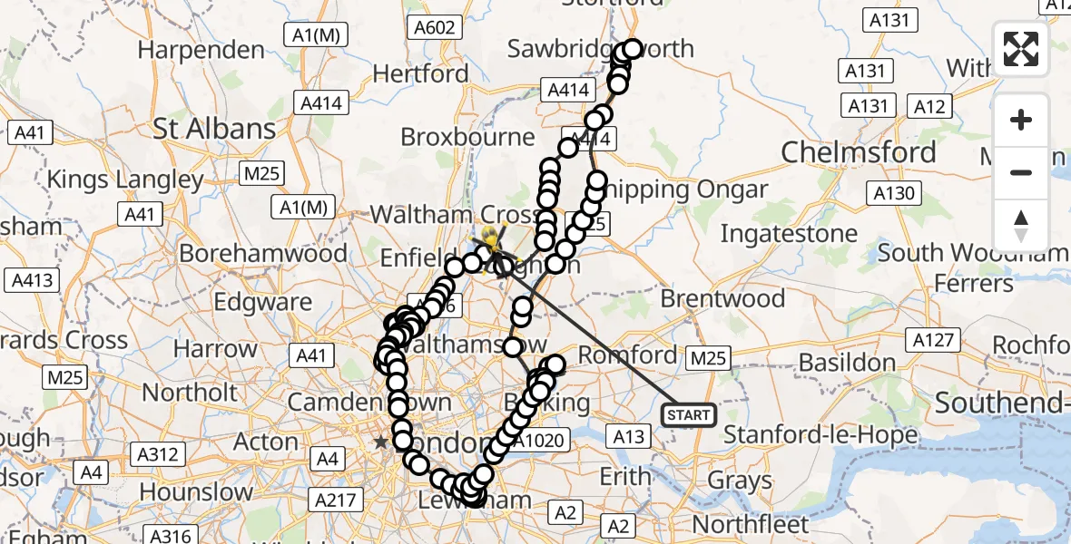 Flight route Police Helicopter Corbets Tey - Metropolitan Police Air Support Unit Lippitts Hill, 11 June 2026, 18:58
