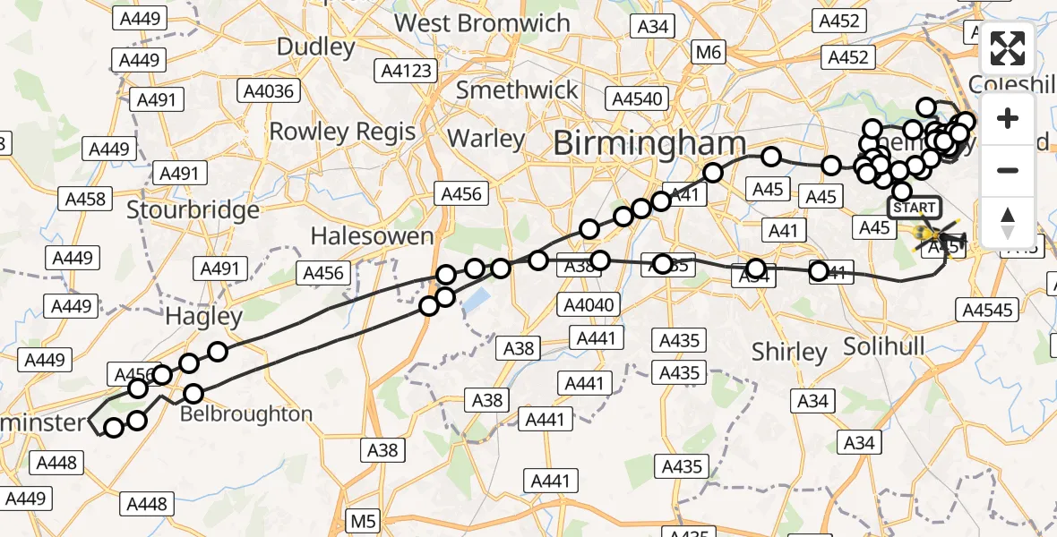 Flight route Police Helicopter Birmingham Airport - Solihull, 11 June 2026, 19:01