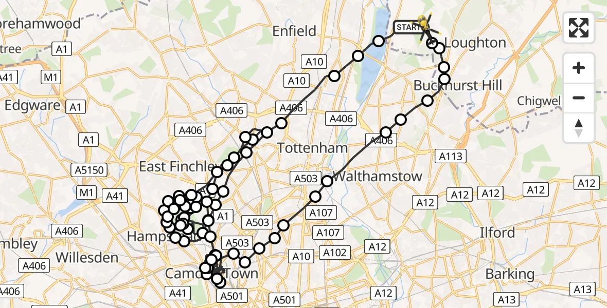 Flight route Police Helicopter Sewardstonebury - Metropolitan Police Air Support Unit Lippitts Hill, 11 June 2026, 19:01