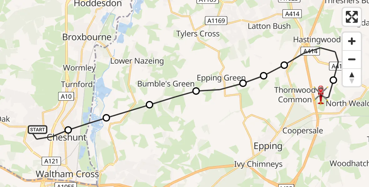 Flight route Air Ambulance Helicopter Broxbourne - North Weald Airfield, 11 June 2026, 19:29