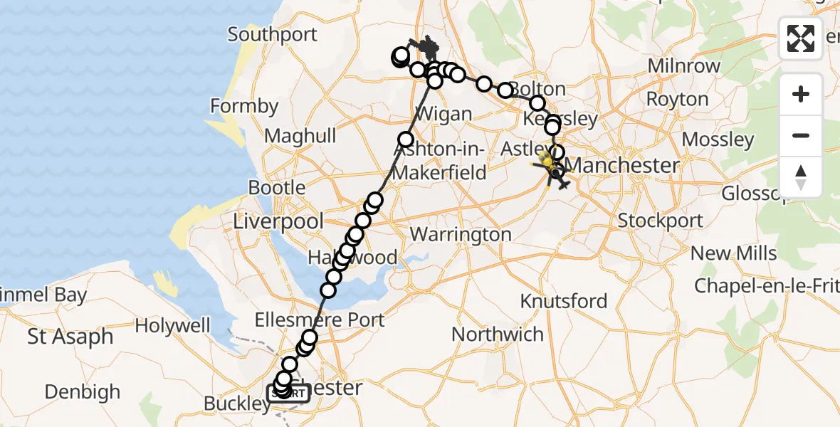 Flight route Police Helicopter Hawarden Airport - Manchester Barton Aerodrome, 11 June 2026, 19:36