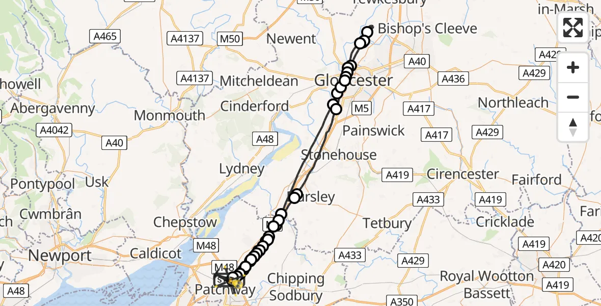 Flight route Police Helicopter Almondsbury Helicopter Base - Woodlands, 11 June 2026, 19:45
