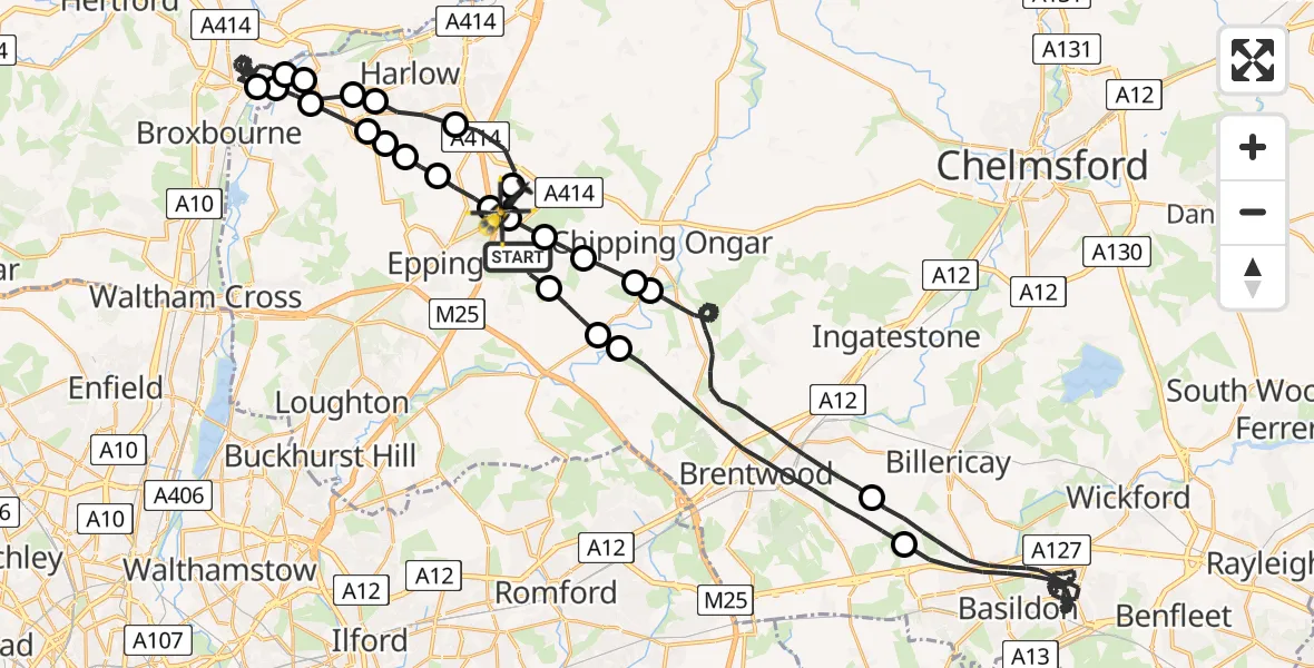 Flight route Police Helicopter Woodhatch - North Weald Airfield, 11 June 2026, 20:18