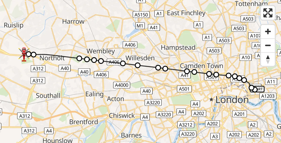 Flight route Air Ambulance Helicopter Royal London Hospital - RAF Northolt, 11 June 2026, 20:25