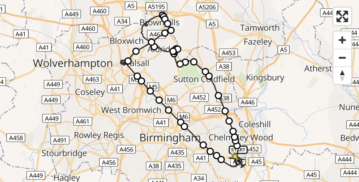 Flight route Police Helicopter Solihull - Birmingham Airport, 11 June 2026, 21:25