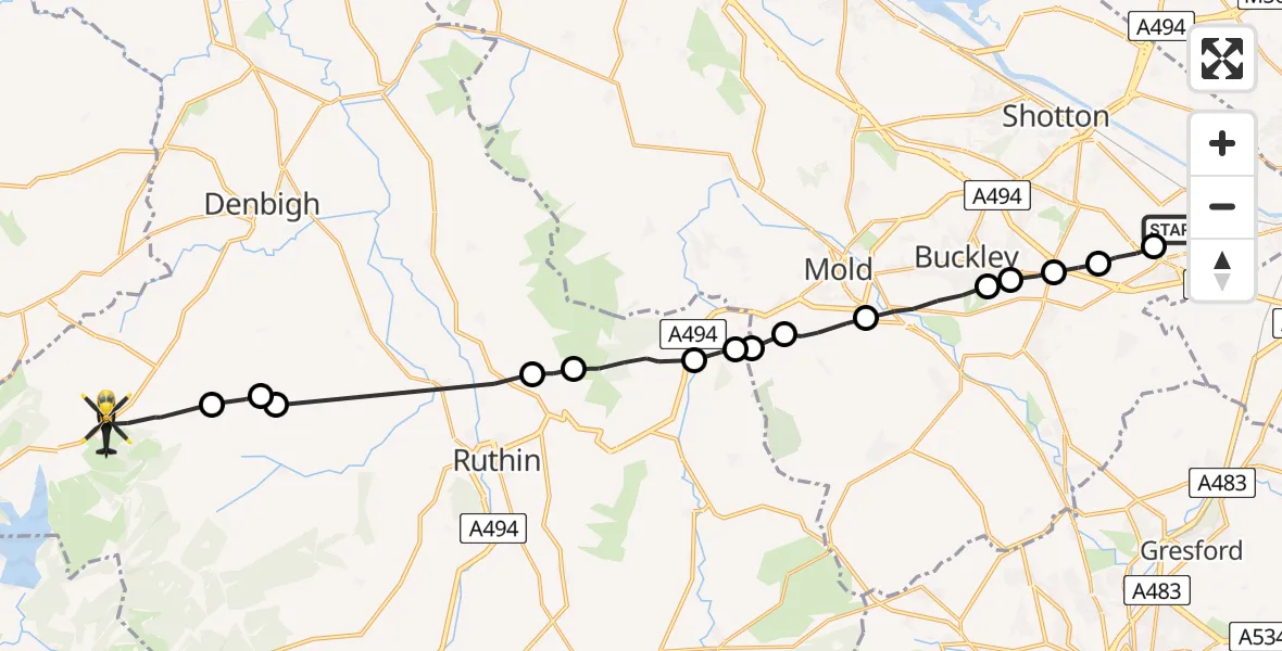 Flight route Police Helicopter Hawarden Airport - Peniel, 11 June 2026, 21:29