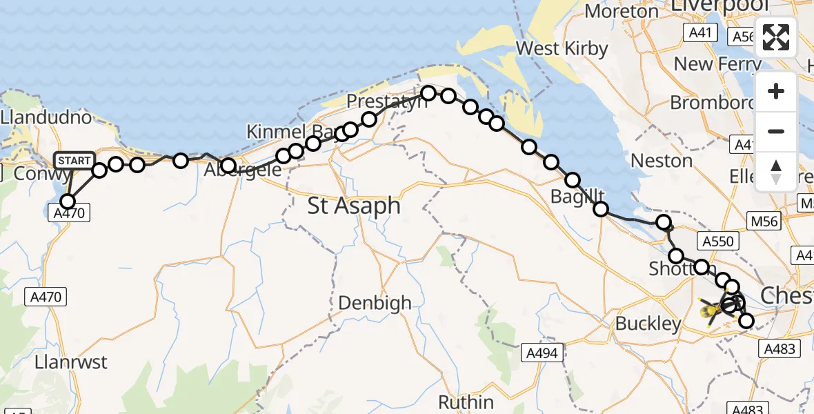 Flight route Police Helicopter Llandudno Junction - Broughton, 11 June 2026, 21:51