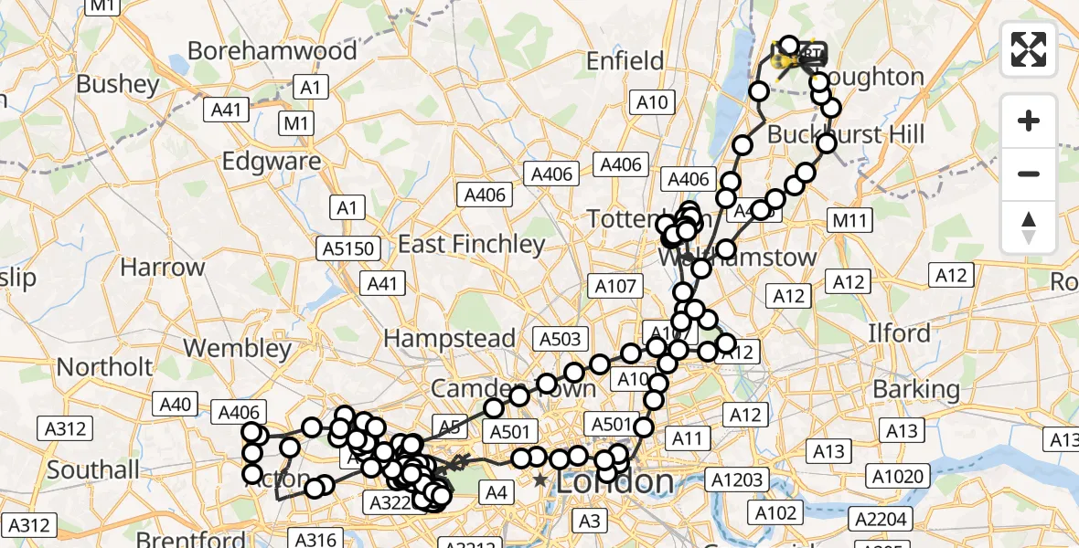 Flight route Police Helicopter Metropolitan Police Air Support Unit Lippitts Hill - Sewardstonebury, 11 June 2026, 22:00