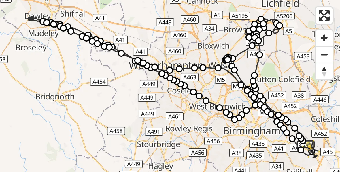 Flight route Police Helicopter Birmingham Airport - Birmingham Airport, 11 June 2026, 22:30